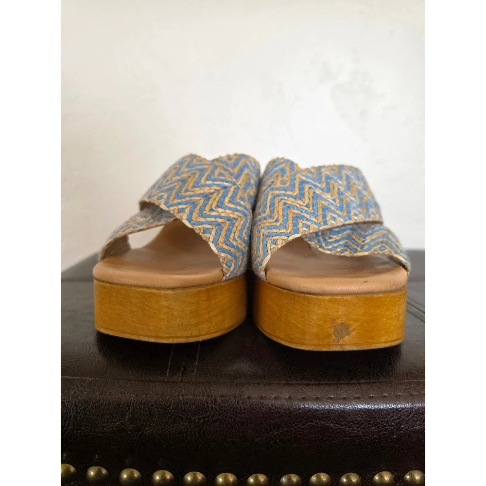 Avellini Leather Boho Y2K Blue Block Wooden Platform Sandals sz 40 Us 9.5